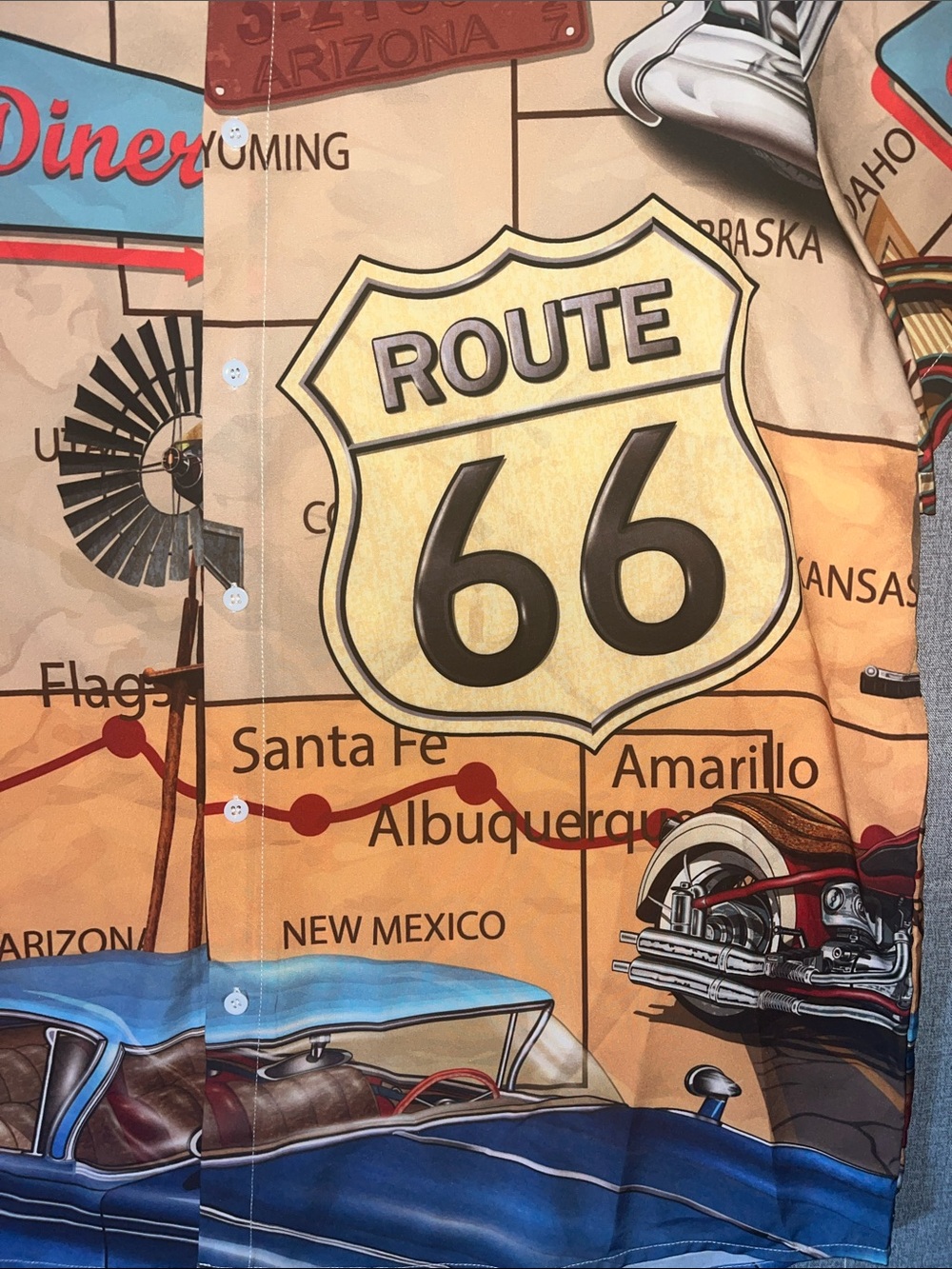 Hawalili Route 66 Graphic Button-Up Shirt in Tan & Blue, size 2Xl - Picture 3 of 4